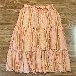 NWT Matilda Jane Tie Striped Tassel Midi Tiered Skirt Crochet Detail Pink Sz M